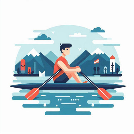 Man rowing on the lake. Flat design vector illustration. Canoeing concept.のイラスト素材