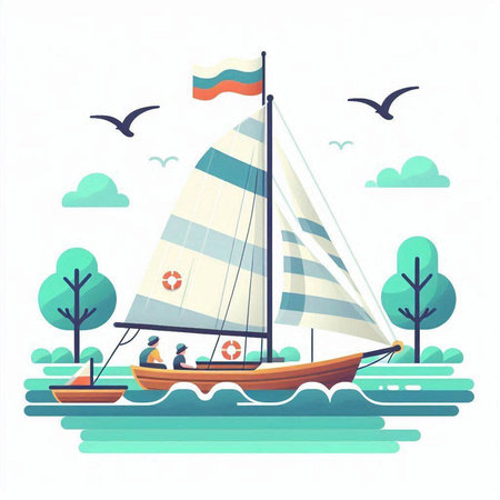 Sailing boat on the lake. Vector illustration in flat style.のイラスト素材