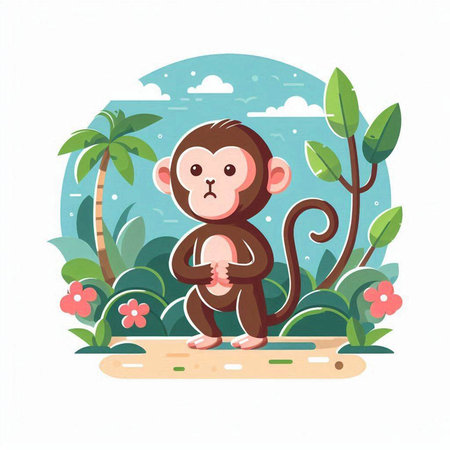 Cute cartoon monkey in the jungle. Vector illustration on white background.のイラスト素材
