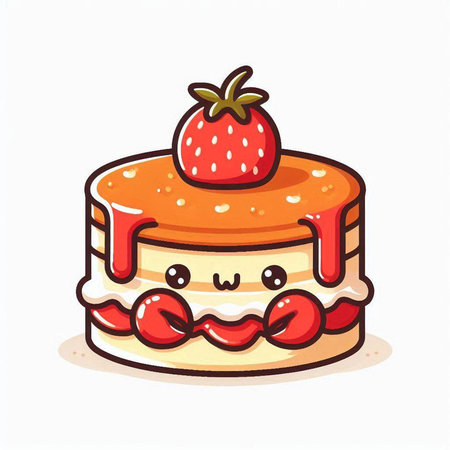 Cute strawberry cake cartoon kawaii character. Vector illustration.のイラスト素材