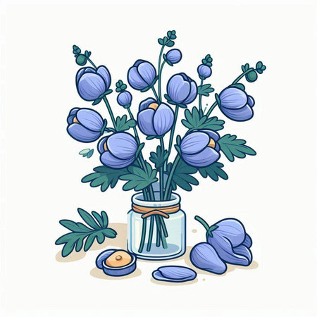 Blue flowers in a vase on a white background. Vector illustration.のイラスト素材