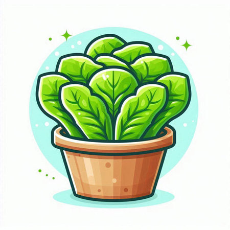 Illustration of a green lettuce in a pot on a white backgroundのイラスト素材
