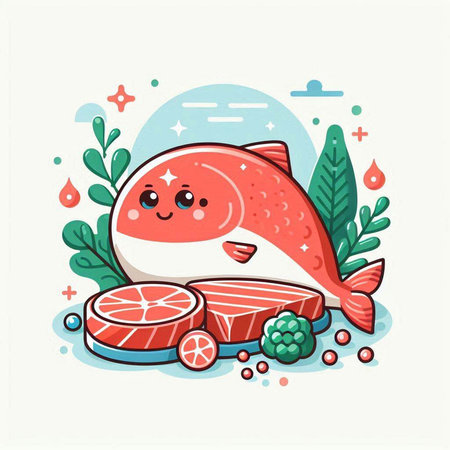 Vector illustration of fresh salmon with vegetables and fruits in cartoon style.のイラスト素材