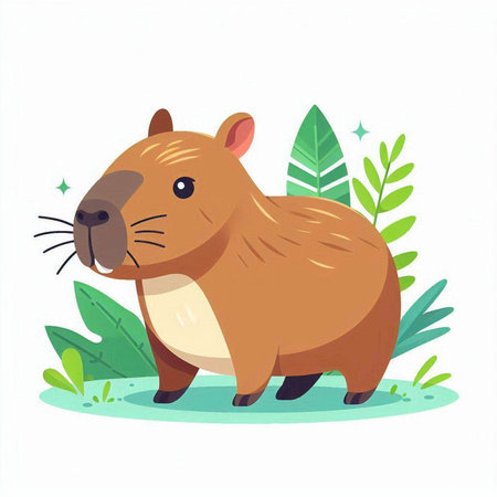 Cute cartoon beaver standing in the grass. Vector illustration.のイラスト素材
