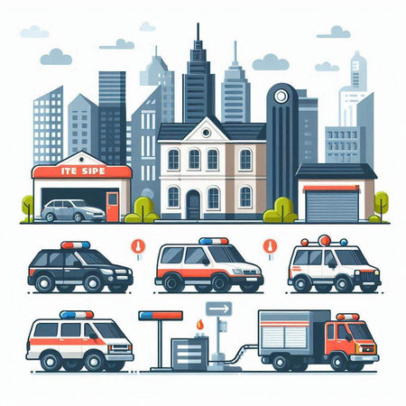 Police car, ambulance, fire department, police station and ambulance. Vector illustration.のイラスト素材