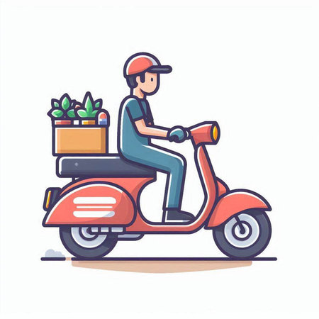 Delivery man on scooter with boxes of food. Vector illustration.のイラスト素材