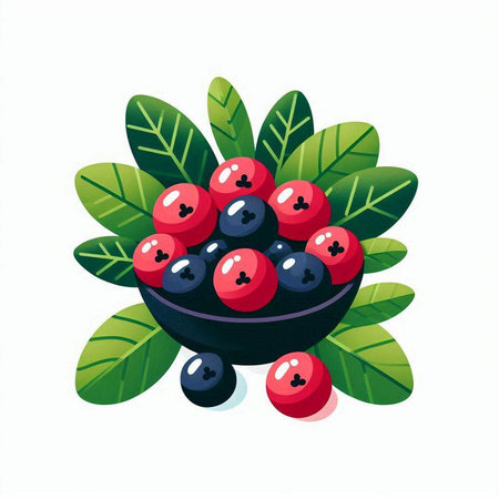 Cranberry in a bowl with green leaves. Vector illustration.のイラスト素材
