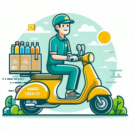 Courier on scooter delivering food. Delivery service. Vector illustrationのイラスト素材