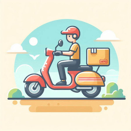 Courier on a scooter delivering a package. Flat style vector illustration.のイラスト素材