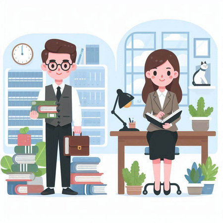 Businessman and businesswoman working in the office. Vector illustration.のイラスト素材