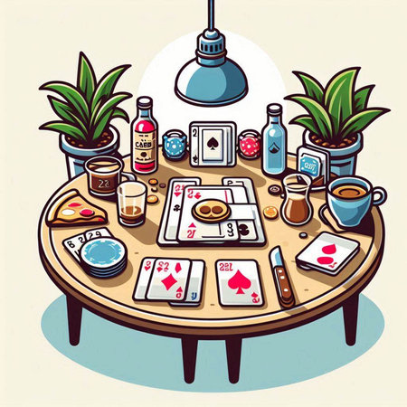 illustration of a table with poker cards, chips, coffee and other stuffのイラスト素材