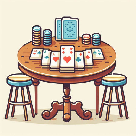 Vector illustration of a deck of playing cards on a wooden table.のイラスト素材
