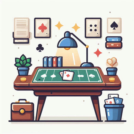 Poker table with cards and chips. Vector illustration in flat styleのイラスト素材