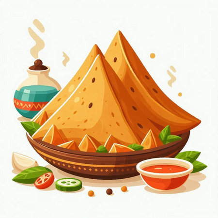 Illustration of traditional indian dumplings and spices. Vector illustrationのイラスト素材