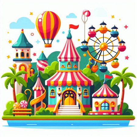 Amusement park flat vector illustration. Cartoon amusement park with rides and attractions.のイラスト素材