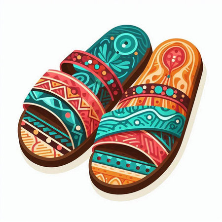 Pair of colorful slippers with ethnic ornament. Vector illustration.のイラスト素材