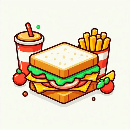 Fast food vector illustration. Sandwich, french fries and cola.のイラスト素材