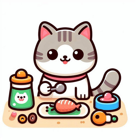 Cute cat playing with food in the kitchen. Vector illustration.のイラスト素材