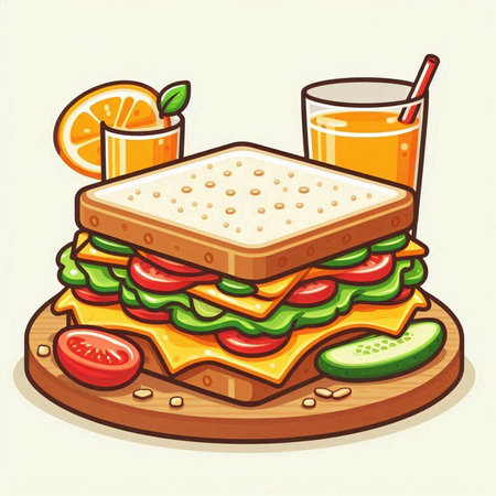 Sandwich with cheese, tomato, cucumber and orange juice illustrationのイラスト素材