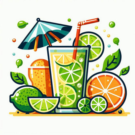 Vector illustration of a glass of lemonade with lime and orange.のイラスト素材