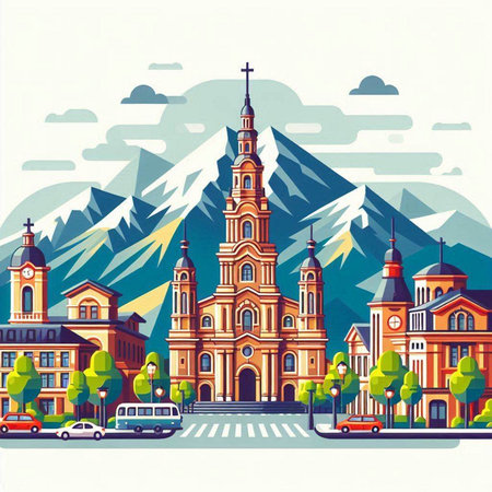 Church on the background of mountains. Vector illustration in retro style.のイラスト素材