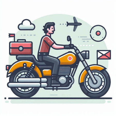Vector illustration of a man riding a motorcycle on the road. Flat style.のイラスト素材