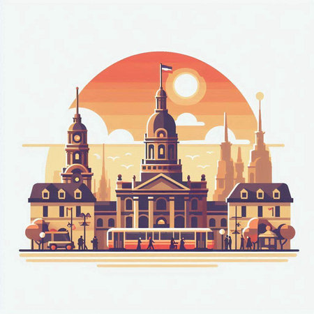 Cityscape of Hamburg, Germany. Vector illustration in flat style.のイラスト素材