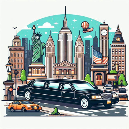 Vector illustration of limousine in front of famous american landmarksのイラスト素材