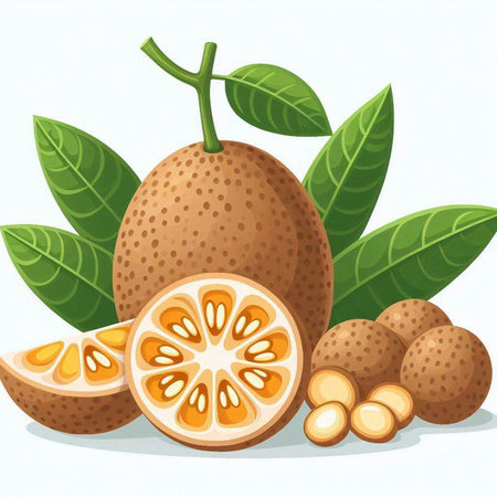 Illustration of fresh sapodilla with leaves on a white backgroundのイラスト素材