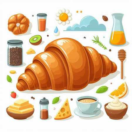 Croissant, coffee, butter, honey, jam. Vector illustrationのイラスト素材