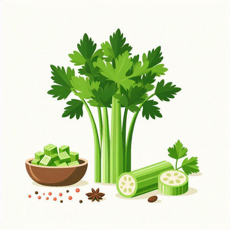Cucumber, parsley, celery and spices. Vector illustration.のイラスト素材