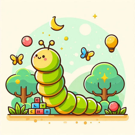 Cute cartoon caterpillar on the nature background. Vector illustration.のイラスト素材
