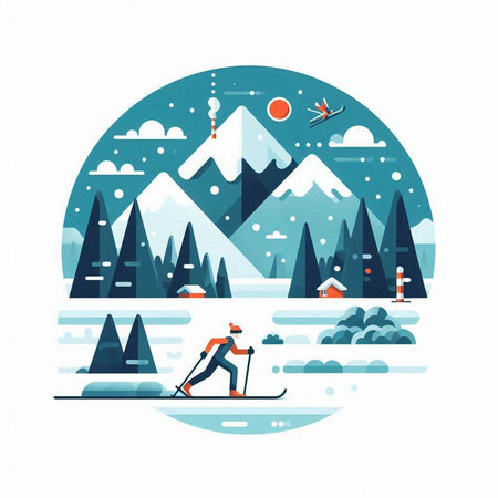 Winter sports. Skiing in mountains. Vector illustration in flat styleのイラスト素材