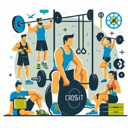 Vector illustration of a group of people working out in the gym.のイラスト素材