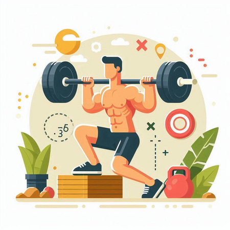 Fitness vector illustration in flat cartoon style. Muscular man doing exercises with barbell.のイラスト素材