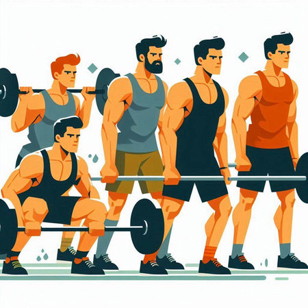 Fitness and bodybuilding. Group of men with barbells. Vector illustrationのイラスト素材