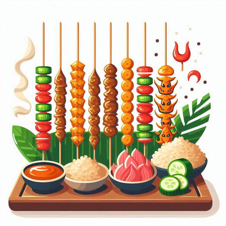 Vector illustration of shish kebab on skewers with sauces.のイラスト素材