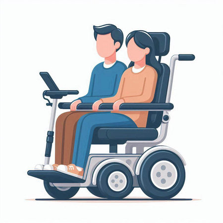 Disabled man and woman sitting in wheelchair. Vector illustration in flat styleのイラスト素材