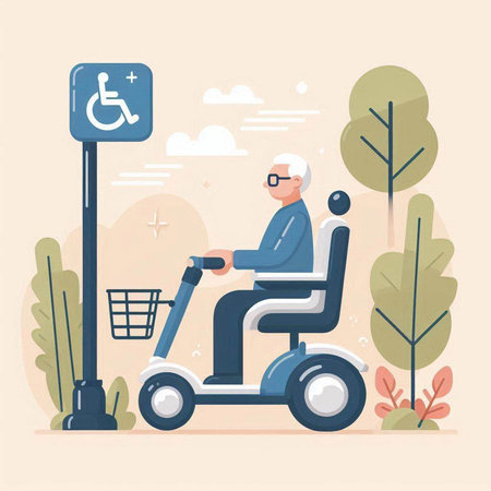 Elderly man in a wheelchair rides a scooter. Flat vector illustration.のイラスト素材
