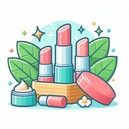 Lipstick in wooden box with green leaves. Vector illustration.のイラスト素材