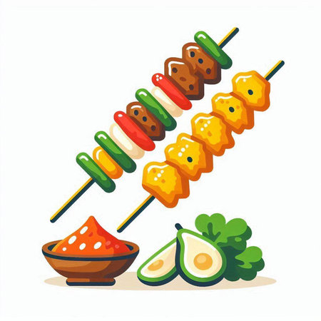 Illustration of shish kebab on skewers and avocadoのイラスト素材