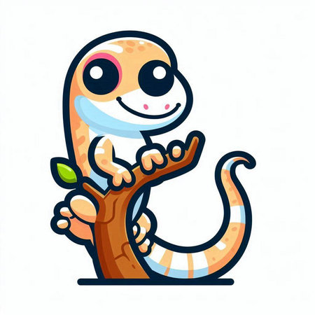 Cute cartoon lizard on a tree isolated on white background. Vector illustration.のイラスト素材