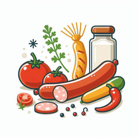 Vector illustration of a set of food products: sausages, tomatoes, peppers, herbs and spices.のイラスト素材