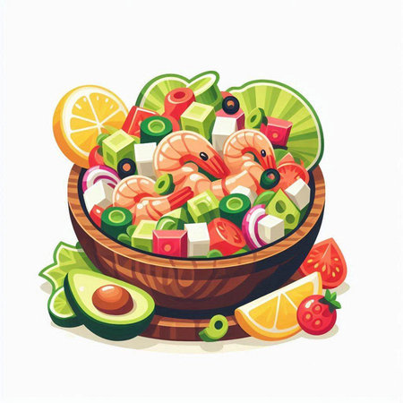 Salad with shrimps, avocado, tomato, cucumber and olives. Vector illustration.のイラスト素材