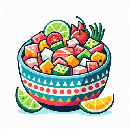 Fruit salad in bowl. Vector illustration isolated on white background.のイラスト素材