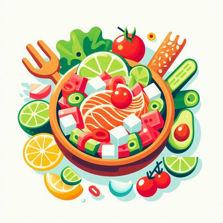 Salad with salmon, tomato, cucumber, lettuce, avocadonnaise. Vector illustrationのイラスト素材