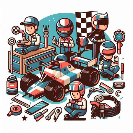 Cartoon illustration of car repair shop. Set of tools for car mechanic.のイラスト素材