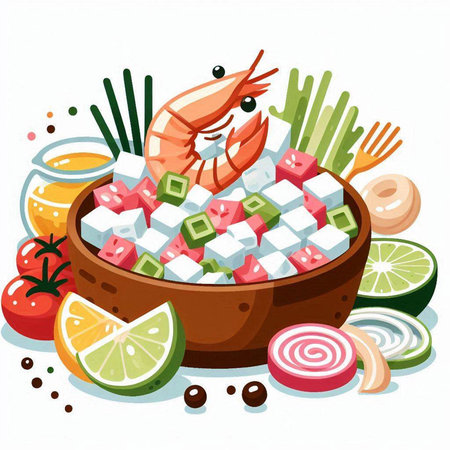 Seafood salad with shrimps and vegetables. Vector illustration.のイラスト素材