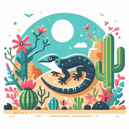 Lizard on the background of cacti. Vector illustration.のイラスト素材