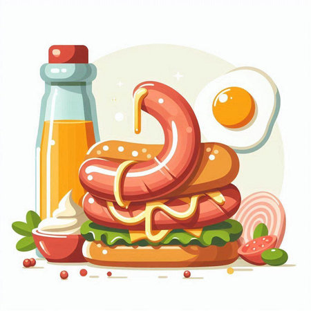 Fast food vector illustration. Grilled sausages, fried egg and sauce.のイラスト素材